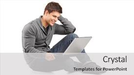  Presentation with laptop computers around the world backgroun - Beautiful presentation design featuring online education - smiling male working backdrop and a light gray colored foreground