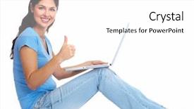  Presentation with sitting posture and computer ergonomics - Presentation theme consisting of online education - woman with laptop computer sitting background and a white colored foreground