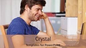  Presentation with next - Theme featuring online education - young handsome guy with laptop background and a coral colored foreground