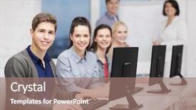  Presentation with technology students - Slide set with online exam - education technology and internet concept background and a coral colored foreground