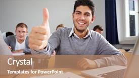  Presentation with exam - Colorful slide deck enhanced with online exam - happy student holding his thumb backdrop and a coral colored foreground