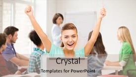  Presentation with student - Theme with online exam - picture of happy student girl background and a coral colored foreground