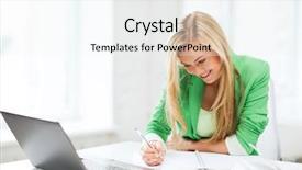  Presentation with student writing - PPT theme featuring online exam - picture of smiling student girl background and a sky blue colored foreground