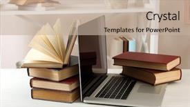  Presentation with stack books - Slide deck featuring online exam - stack of books with laptop background and a mint green colored foreground