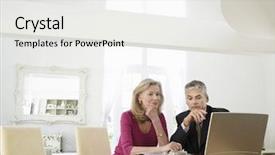  Presentation with financial - Colorful presentation design enhanced with online forms - mature woman sitting at table backdrop and a white colored foreground