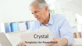  Presentation with cyber stalking computer laptop suffering - Slides consisting of online forms - senior man working on laptop background and a soft green colored foreground