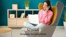  Presentation with mobile home - Presentation theme featuring online furniture - beautiful young woman with laptop background and a coral colored foreground