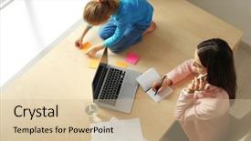  Presentation with home office - Slide deck having online furniture - busy young woman with daughter background and a soft green colored foreground