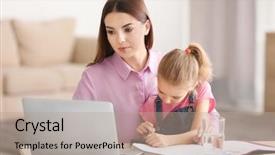  Presentation with home office - Presentation theme consisting of online furniture - busy young woman with daughter background and a coral colored foreground