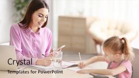  Presentation with home office - Presentation featuring online furniture - busy young woman with daughter background and a soft green colored foreground