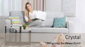  Presentation with home lending - Colorful slide set enhanced with online furniture - busy young woman with her backdrop and a mint green colored foreground