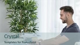  Presentation with laptop - Slides featuring online furniture - handsome young man sitting background and a lemonade colored foreground