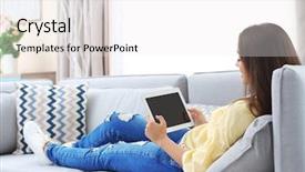  Presentation with history of a computer - Audience pleasing slide set consisting of online furniture - young woman using tablet computer backdrop and a  colored foreground