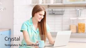  Presentation with home domestic market - Beautiful theme featuring online furniture - young woman working at home backdrop and a soft green colored foreground