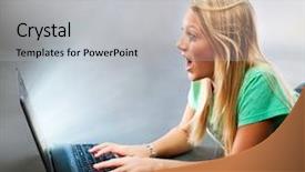  Presentation with speed - Presentation theme having high speed - surprised girl with a laptop background and a light gray colored foreground