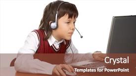  Presentation with young man holdng laptop on lap money - PPT theme with music education backgrounds - young boy in headset playing background and a  colored foreground