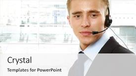  Presentation with office - Cool new presentation with online help - young man calling backdrop and a  colored foreground