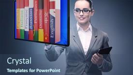  Presentation with language - Amazing PPT theme having online-language-learning-with-businesswoman backdrop and a ocean colored foreground