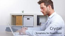  Presentation with business office desk - Colorful PPT theme enhanced with online learning - business man working with laptop backdrop and a light blue colored foreground