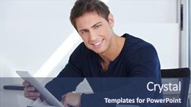  Presentation with desk - Presentation theme enhanced with online learning - happy designer sitting at his background and a ocean colored foreground