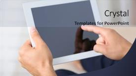  Presentation with hands holding black tablet - Beautiful slide deck featuring online learning - male hand holding pc tablet backdrop and a seafoam green colored foreground