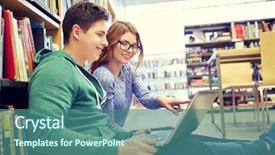  Presentation with school technology - Colorful presentation enhanced with online learning - people education technology and school backdrop and a ocean colored foreground