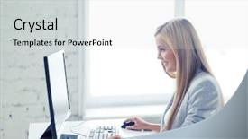  Presentation with cartoon computer - PPT layouts featuring online learning - picture of smiling businesswoman background and a light gray colored foreground