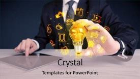  Presentation with bright ideas - Slide set with online media and device logo background and a light gray colored foreground