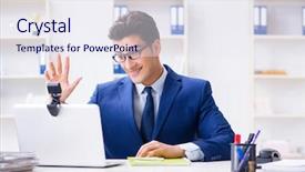  Presentation with help desk - Beautiful PPT layouts featuring online meetings - young help desk operator working backdrop and a sky blue colored foreground