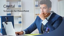  Presentation with help desk - Slide set with online meetings - young help desk operator working background and a light gray colored foreground