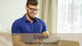  Presentation with tablet - PPT theme consisting of online ordering - handsome man using tablet pc background and a coral colored foreground