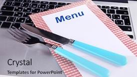  Presentation with computer keyboard and mouse - Slide deck consisting of online ordering - menu with fork and knife background and a light gray colored foreground