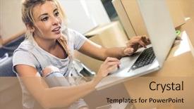  Presentation with laptop - Cool new slide deck with online ordering - young woman looking backdrop and a coral colored foreground