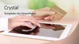  Presentation with hands holding - Audience pleasing PPT theme consisting of online payments - female hands holding credit card backdrop and a mint green colored foreground