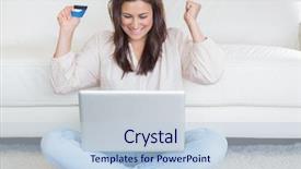  Presentation with living room - Slide deck consisting of online payments - happy woman buying something background and a lemonade colored foreground