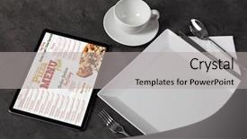  Presentation with tableware - Presentation design featuring online pizza menu with tableware background and a light gray colored foreground