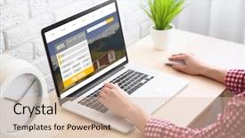  Presentation with travel concept silhouette - PPT layouts enhanced with online resort reservation - travel concept woman using laptop background and a lemonade colored foreground