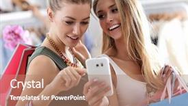  Presentation with online shopping store - Presentation theme featuring online retailing - happy friends shopping in store background and a coral colored foreground