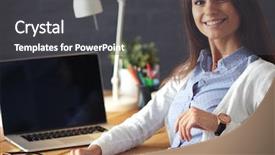  Presentation with desk - PPT layouts consisting of online retailing - young female working sitting background and a  colored foreground