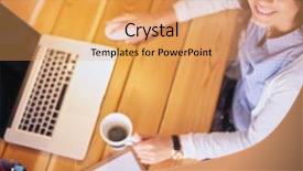  Presentation with desk - Cool new theme with online retailing - young female working sitting backdrop and a  colored foreground