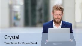  Presentation with outdoors - Slides having online search - handsome young man with laptop background and a light blue colored foreground