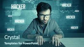  Presentation with computer hacking - Audience pleasing PPT theme consisting of online security - young handsome nerd hacking internet backdrop and a ocean colored foreground