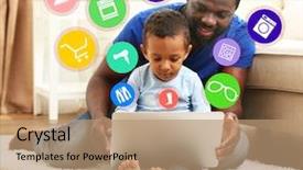  Presentation with online shopping - PPT theme consisting of online shopping father and son background and a coral colored foreground