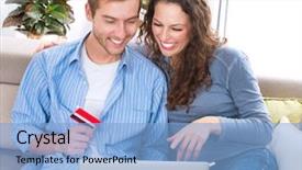  Presentation with young happy couple - Presentation theme having online shopping happy smiling couple background and a light blue colored foreground