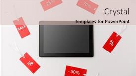  Presentation with online marketing - Audience pleasing slide deck consisting of online shopping sale and marketing concept - tablet pc computer and red tags with discount signs on white background backdrop and a lemonade colored foreground
