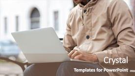  Presentation with man sitting bench - Slides featuring online study - cropped photo of young african background and a coral colored foreground