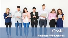  Presentation with light and people - Amazing PPT theme having online study - people with gadgets standing near backdrop and a teal colored foreground