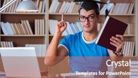  Presentation with university - Colorful presentation enhanced with online study - young man graduating from university backdrop and a coral colored foreground