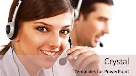  Presentation with smiling kids at summer camp - PPT theme featuring online support - businesswoman with headset smiling background and a  colored foreground