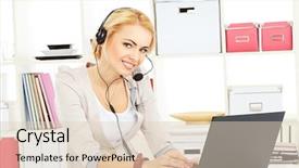  Presentation with office - Cool new slides with online support - portrait of smiling young woman backdrop and a lemonade colored foreground